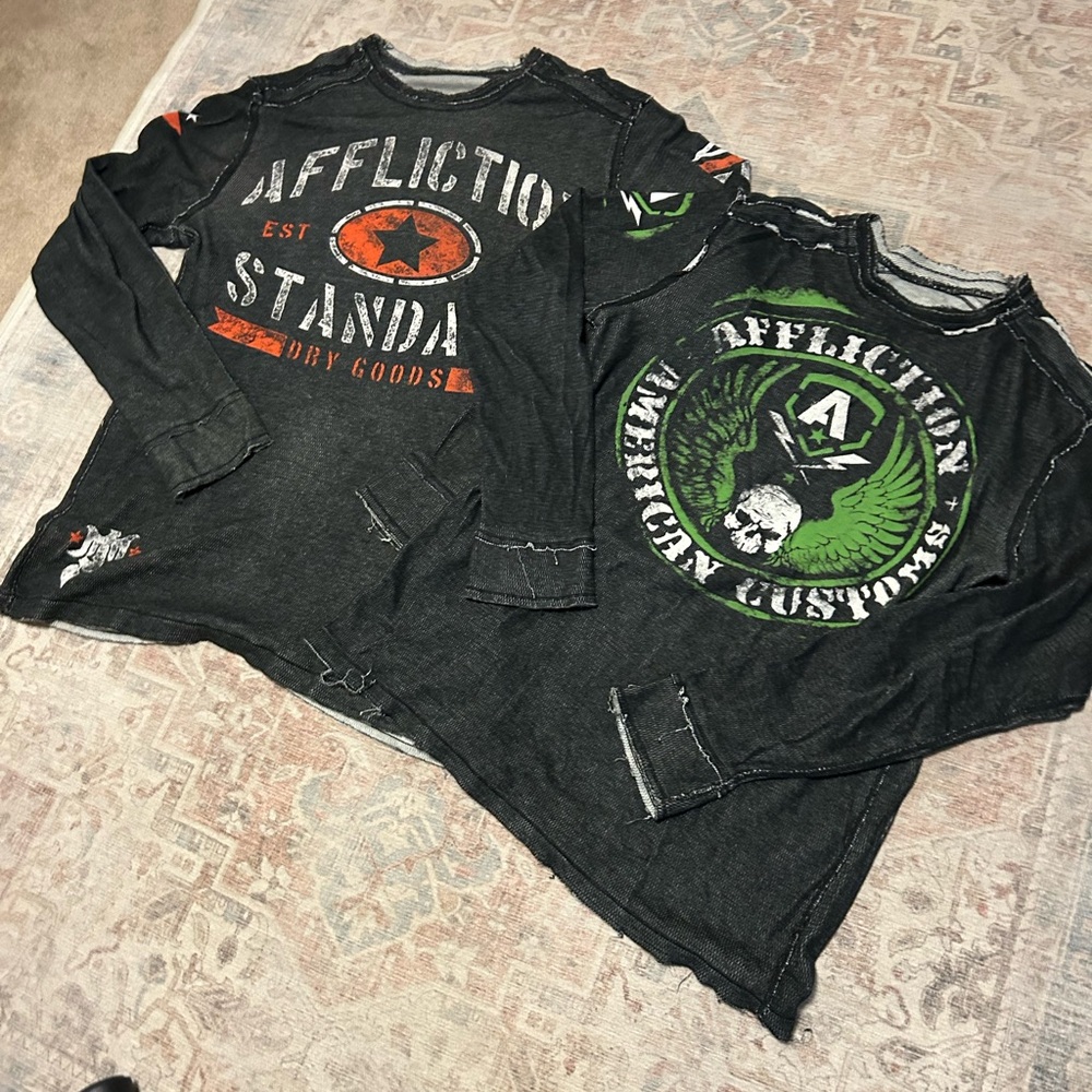 Affliction Men's Long Sleeve Graphic Tee — Black with Green & Orange Prints